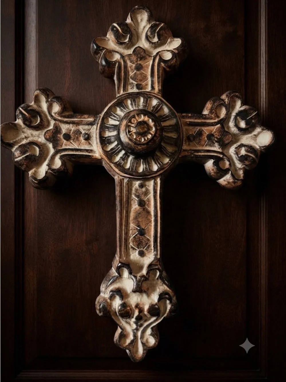 Ornate Decorative Wall Cross in Distressed Brown Finish